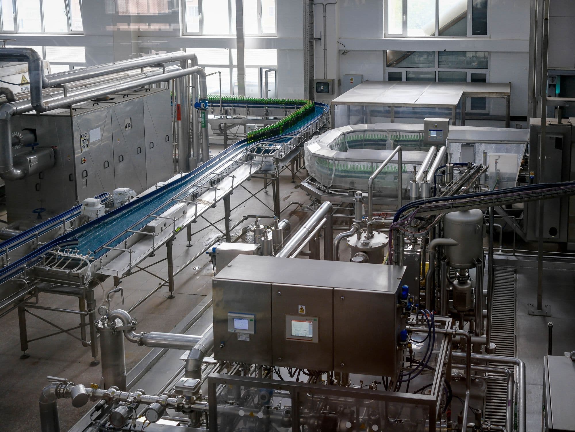 Modern automated beverage bottling facility interior