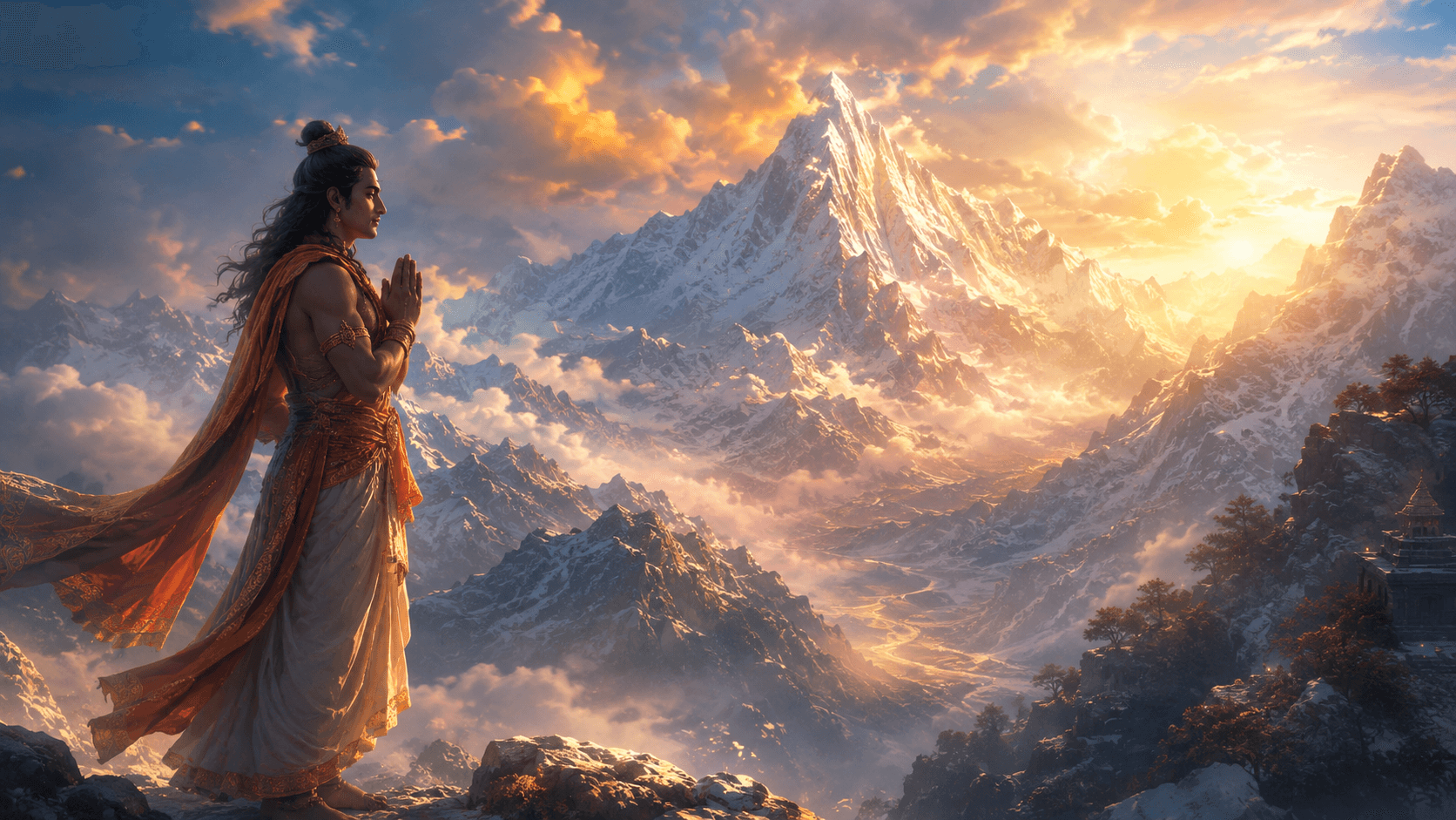 Himalayan mountains with King Bhagiratha in prayer